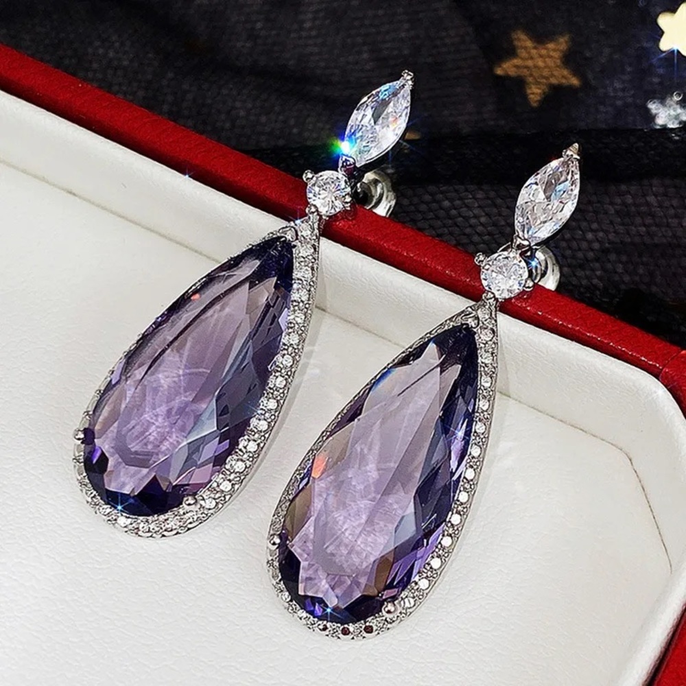 - Sterling Silver Purple Amethysts &Diamond WaterDrop Post Back Dangle E…